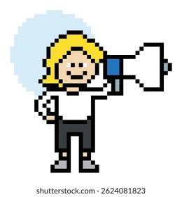 Pixel arte bonitinho personagem de desenho animado homem com anúncio megafone falante informação anunciar decoração 8 bit masculino megafone megafone desenho animado pixel vetor jogo.