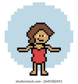 Pixel arte bonito desenho animado uma peça personagem mulher biquíni natação terno jogo verão praia férias decoração estilo de vida biquíni feminino 1 peça 8 bit férias relaxar pixel arte vetor 8bit.