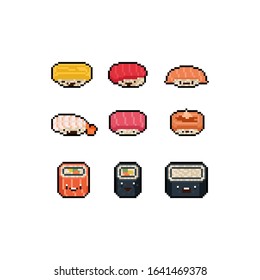 Pixel art cute cartoon sushi charactger set.