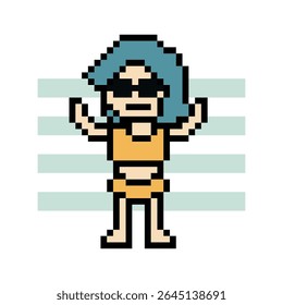 Pixel arte bonito desenho animado dois personagem mulher biquíni natação terno jogo verão praia decoração estilo de vida biquíni feminino 2 peça 8 bit férias relaxar pixel arte vetor 8bit.