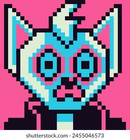 Pixel art lindo personaje de gato 8-bit, gatito, 80-s, red social NFT retrato, avatar, cara de mascota, Vector de dibujos animados, usuario de juegos, personas de perfil de Web, personas, estilo minimalista. Token no fungible.