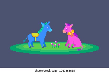 Pixel art cute couple of donkeys. Vector illustration.
