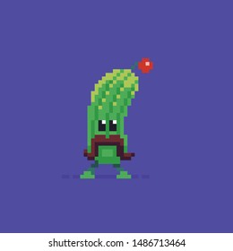 Pixel art cute cucumber character with mustache and alien antenna