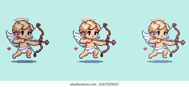 Pixel art of a cute cupid angel with heart-tipped arrow flying in the sky, symbolizing love and romance.