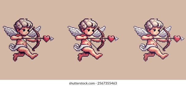 Pixel art of a cute cupid angel with heart-tipped arrow flying in the sky, symbolizing love and romance.