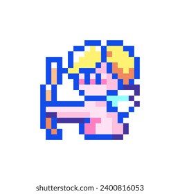 Pixel art Cute Cupid with Bow Icon. Vector Pixel 8bit Love Baby Archer. 80s 90s Retro Game Decor For Valentine's Day. Pixelated Valentine's Day Angel Sticker Illustration on white background.	