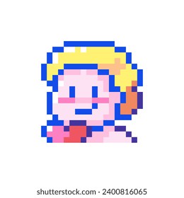 Pixel art Cute Cupid Face. Vector Pixel 8bit Cherub. 80s 90s Retro Game Decor For Valentine's Day. Pixelated Valentine's Day Angel with Heart Emoji Sticker Illustration on white background.	