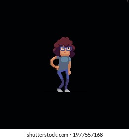 Pixel art cute curly girl in glasses