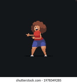 Pixel art cute curly girl pointing on something to the side