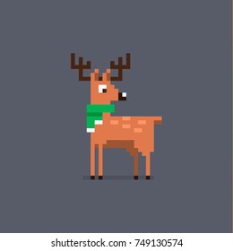 Pixel art cute deer in a green scarf. Vector illustration