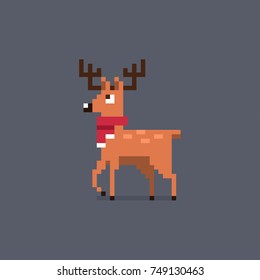 Pixel art cute deer in a red scarf. Vector illustration