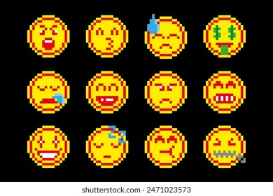 Pixel art cute emoji face. Collection set  emoticons with various emotions faces in pixel art style, icons set vector illustration on isolated background.