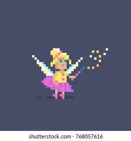 Pixel art cute fairy princess flying with magic wand.