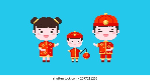Pixel art cute family characters in lunar celebration costumes with baby icon. Vector 8 bit style illustration of pixel Chinese new year characters with child. Cute element of retro game graphic.