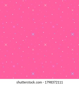 Pixel art cute feminine seamless pattern. Shining sparkles and stars on a pink background. Vector illustration.