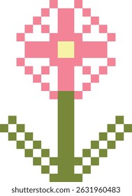 Pixel art - cute flower made of color blocks. Modern flower icon. Flower made of pixels, 8 bit. Isolated vector illustration in flat style.