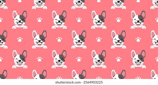 Pixel art cute french bulldog seamless pattern background for design.