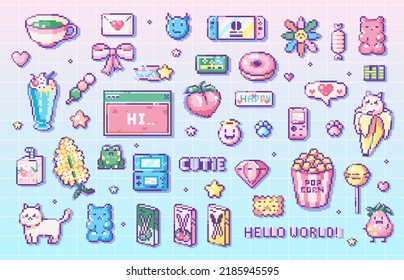 Pixel art Cute gaming clip art pack. 8 bit vintage video game style decorations set like snacks, sweets, console, handheld pocket games, animals and decorative elements. Vector cute pixel art stickers svg