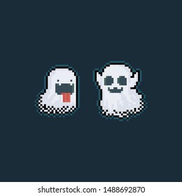 Pixel art cute ghost characters with glowing light.8bit.halloween.