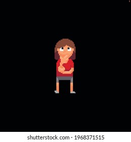Pixel art cute girl thinking with arm on her chin