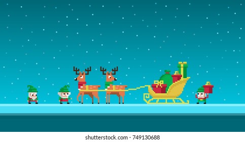 Pixel art cute gnomes load sledges with christmas gifts. Vector illustration.