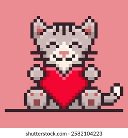 Pixel art of a cute grey cat sitting while holding a large red heart with a happy expression, perfect for expressing love, affection, and Valentine's Day cheer. Vector Illustration.