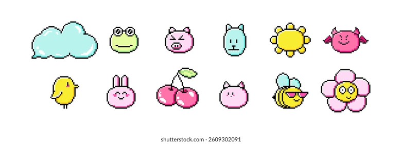 Pixel art cute icon asset pack. Retro aesthetics game style vector illustration. Y2k 8-bit pixelated element set.