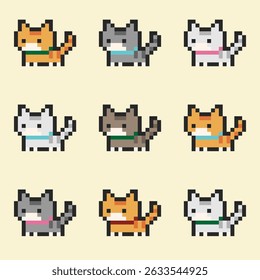 Arte del pixel de un gatito lindo en un fondo blanco. Ilustración vectorial retro de un pixel cat sobre un fondo claro