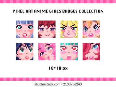 Pixel Art Cute Labels With Kawaii Anime Girl Faces. Vintage Mosaic 8 Bit Game Style Anime Girls Badges For Design Stream Icons, Labels, Decoration. Anime Girls Faces Emoji Set.