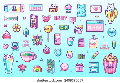 Pixel Art Cute and Love Icons. 8 bit style stickers of Pixelated Cute Digital Stuff - Sweets and Desserts, Beverages and Drinks, Cupid and Love Message, Flowers and Candies, Ice Cream and Snack Vector