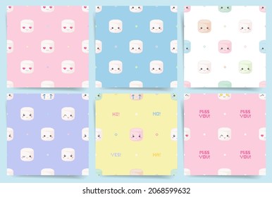 Pixel art cute marshmallows emoji seamless pattern. Square repeat tile set with kawaii gamer marshmallows emoticons. Vector tileable 8 bit backgrounds. Sweet girl patterns for fabric, textile, decor.
