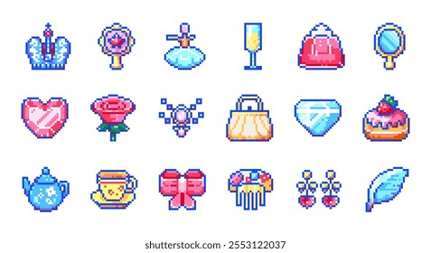 Pixel arte lindo noble princesa icono conjunto. Elementos reales lindos con la corona, el diamante, el espejo, el vestido de la señora, y los accesorios. Ilustración de estilo kawaii para diseño femenino y noble decoración majestuosa.