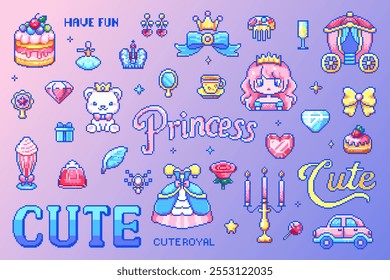 Pixel Art Cute Princess Royal Pack. 8-bit Stickers with Princess, Crown, Carriage, Dress, Cake, Diamond, Tea Set, Rose, Accessories, Retro Gaming Style