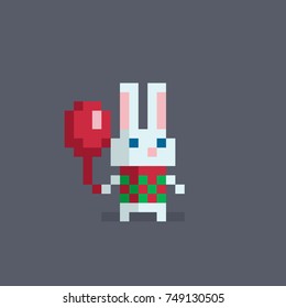 Pixel Art Cute Rabbit With A Balloon. Vector Illustration