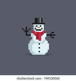 Pixel art cute snowman in hat. Vector illustration