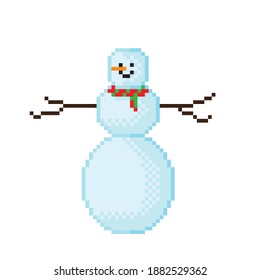 Pixel art cute snowman. Vector illustration. Merry Christmas.