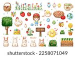 Pixel art cute spring clip art pack. 8 bit vintage video game style decorations set like berries, sweets, animals, easter bunny and eggs, chicken, flowers, trees. Vector cute pixel art stickers.