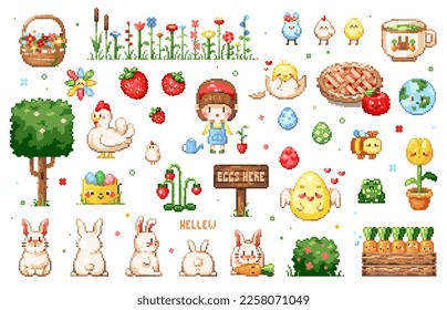 Pixel art cute spring clip art pack. 8 bit vintage video game style decorations set like berries, sweets, animals, easter bunny and eggs, chicken, flowers, trees. Vector cute pixel art stickers.