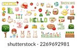 Pixel art cute spring farm and garden sticker set. 8 bit vintage video game style spring decorations pack like strawberries, animals, sweets, trees, planting, gardening, garden beds and plants.