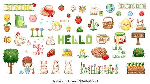 Pixel art cute spring farm and garden sticker set. 8 bit vintage video game style spring decorations pack like strawberries, animals, sweets, trees, planting, gardening, garden beds and plants.