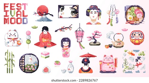 Pixel art cute spring japanese festival clip art pack. 8 bit vintage video game tradition style decorations set - geisha, sakura, kimono, lucky neko, anime, kimono girl. Vector pixel art stickers.	