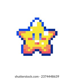 Pixel Art Cute Star. Retro 8 bit Style Game Symbol Illustration. Ideal for Sticker, Retro Decorative Element, Game Asset, Emoji, Patch or Cute Geek Avatar.	