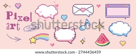 Pixel art cute stickers with speech bubbles and heart in retro 8 bit style