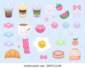 El arte de los píxeles adorable conjunto de cosas. Colección tipo kawaii vector 8 bits de té burbuja, caramelos, huevos y baliza, patas, arcos, copas, decoraciones, croissant, labios. Paquete de elemento de juego del gráfico de juego retro.