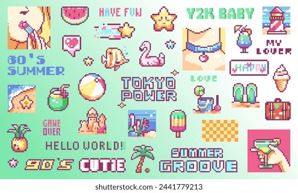 Pixel Art Cute Summer Party Set. Decoraciones de estilo de videojuegos vintage de 8 bits como cócteles tropicales de verano, juguetes, palmera, patrones de moda, vacaciones e iconos del mar. Vector Lindo Píxel Pegatinas.