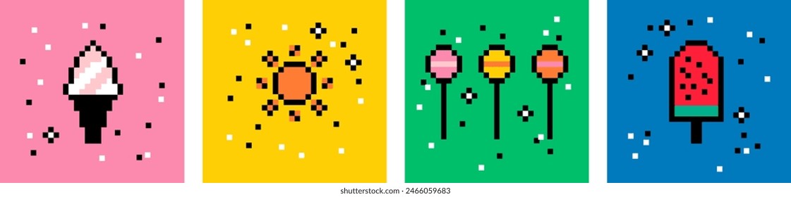 Pixel art lindo conjunto de iconos de fiesta de verano. Helado, dulces, sol. Hora de verano. Diseño colorido. Y2k pegatinas pixeladas juguetonas de moda. Sentimiento de la estética de los 90. Ilustración vectorial de estilo retro de 8 bits