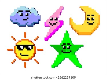 Pixel art of cute sun, star, moon, cloud, and lightning vector. 