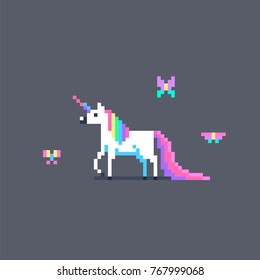 Pixel art cute unicorn with butterflies.