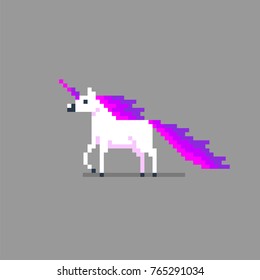 Pixel art cute unicorn with pink and purple mane.