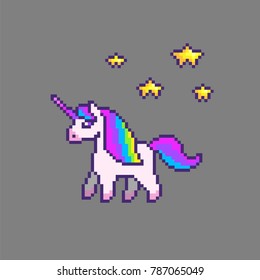 Pixel art cute unicorn with stars. Vector illustration.